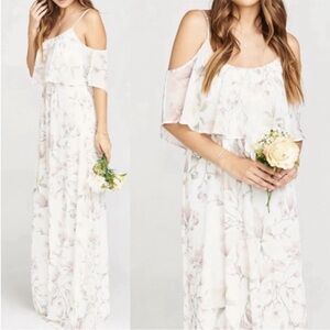 Show me your MuMu small white print cold shoulder maxi dress, chiffon overlay